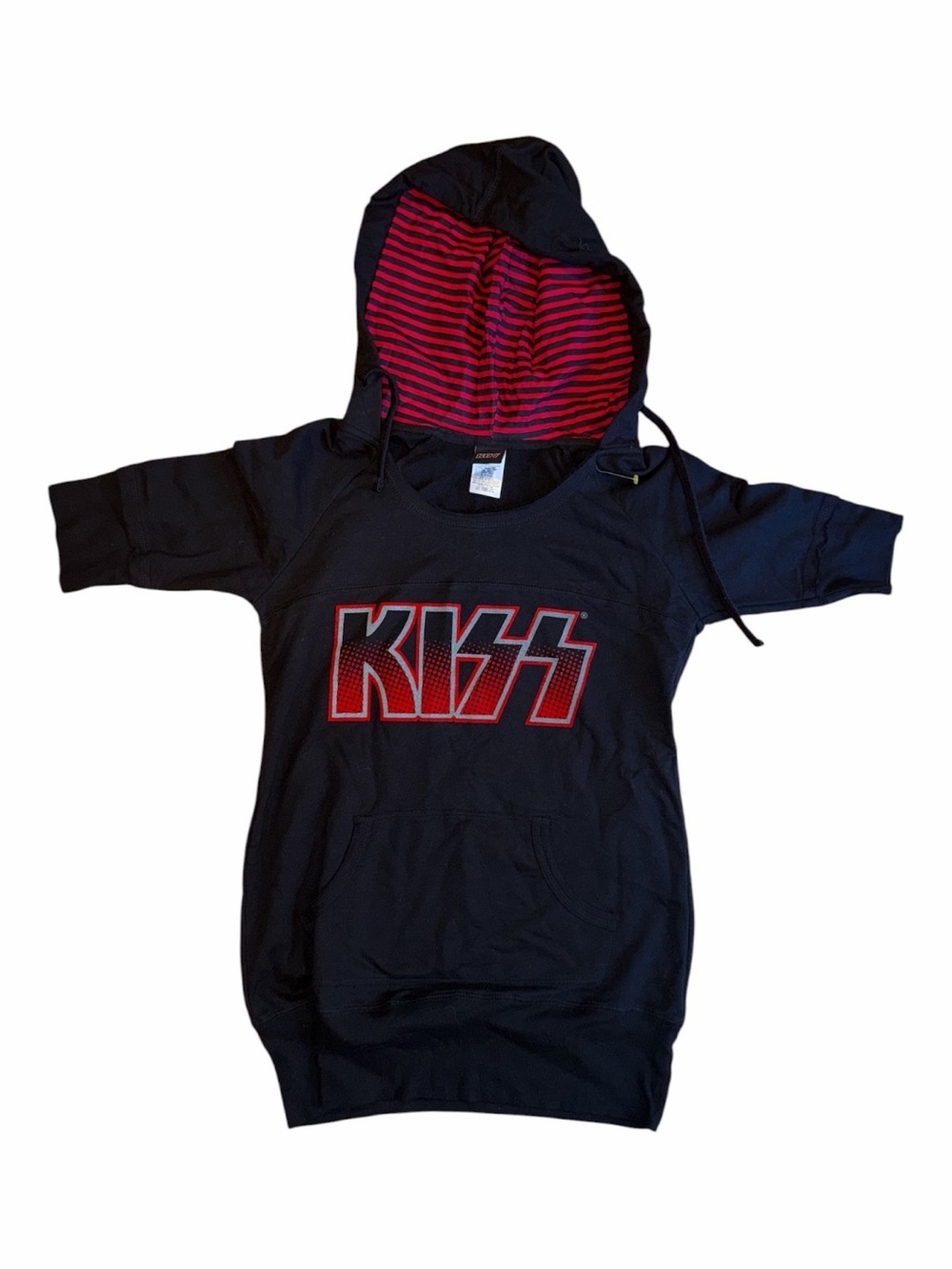Kiss Black Hoodie Dress with Red Logo and Striped Hood Lining
